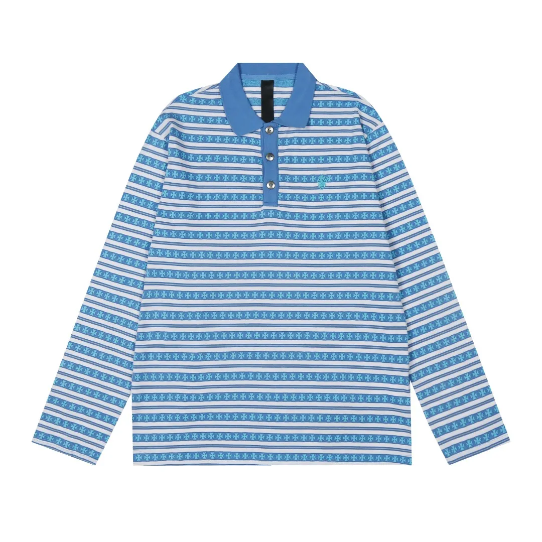 P210 White background picture [Popular item] Code: 25020# Color: Black/Pink/Blue Size: S to - CH Croix heart niche design cross jacquard striped long sleeves brings striped Polo to Next Levels. Loose fit. Same style for men and women. Lazy and casual. Street style. Three colors. Customized style.